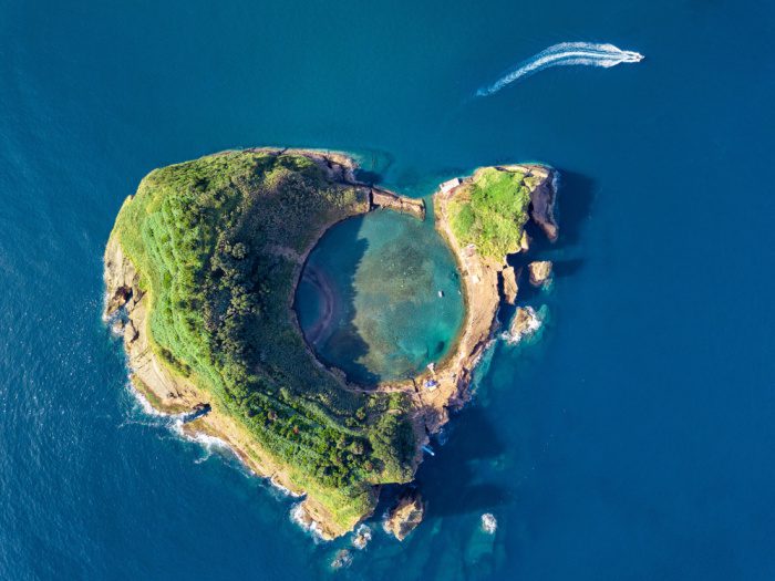 Aerial photo of an island in the Azores