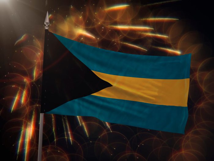 bahamas flag with fireworks in the background