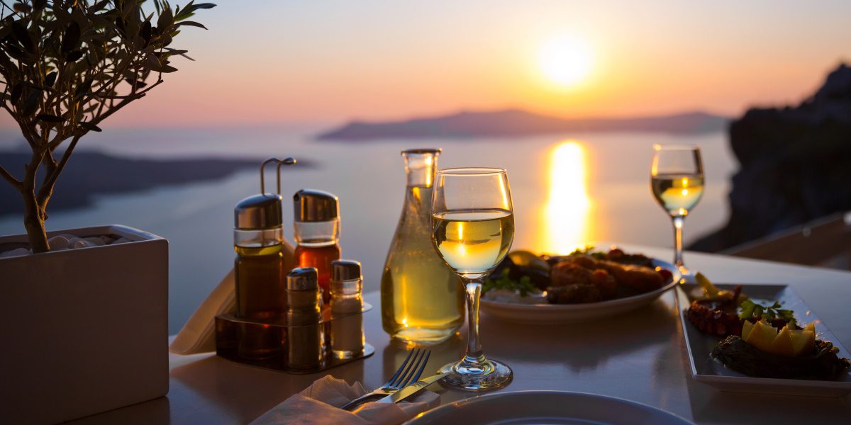 dinner at sunset with wine