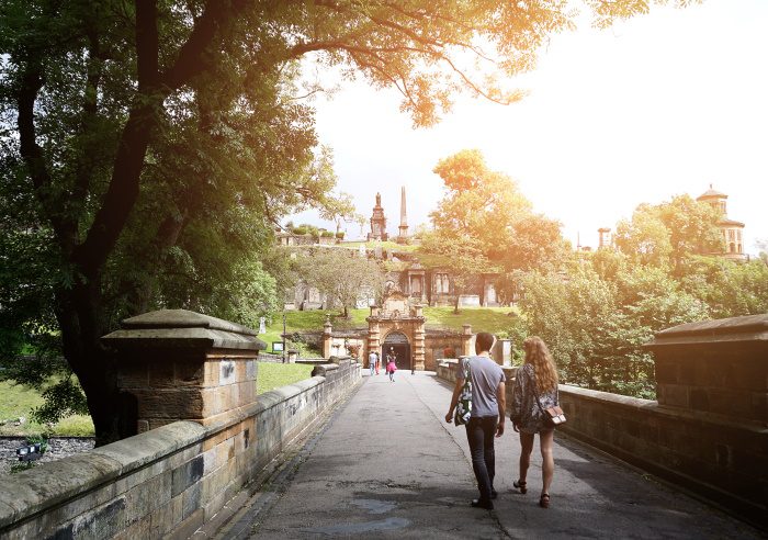 Couple walking through Edinburgh